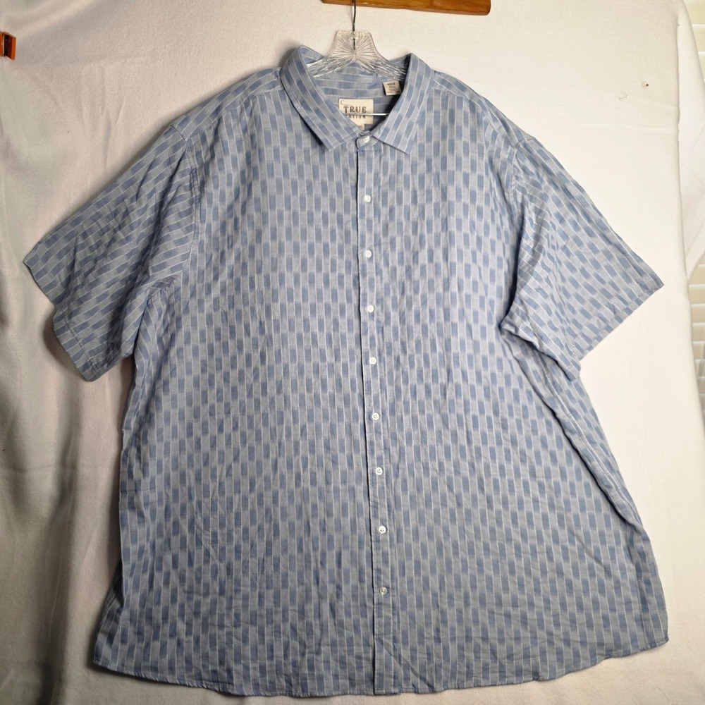 True Nation DXL Mens 4XLT Blue Ikat Block Print Cotton Short Sleeve Button Shirt